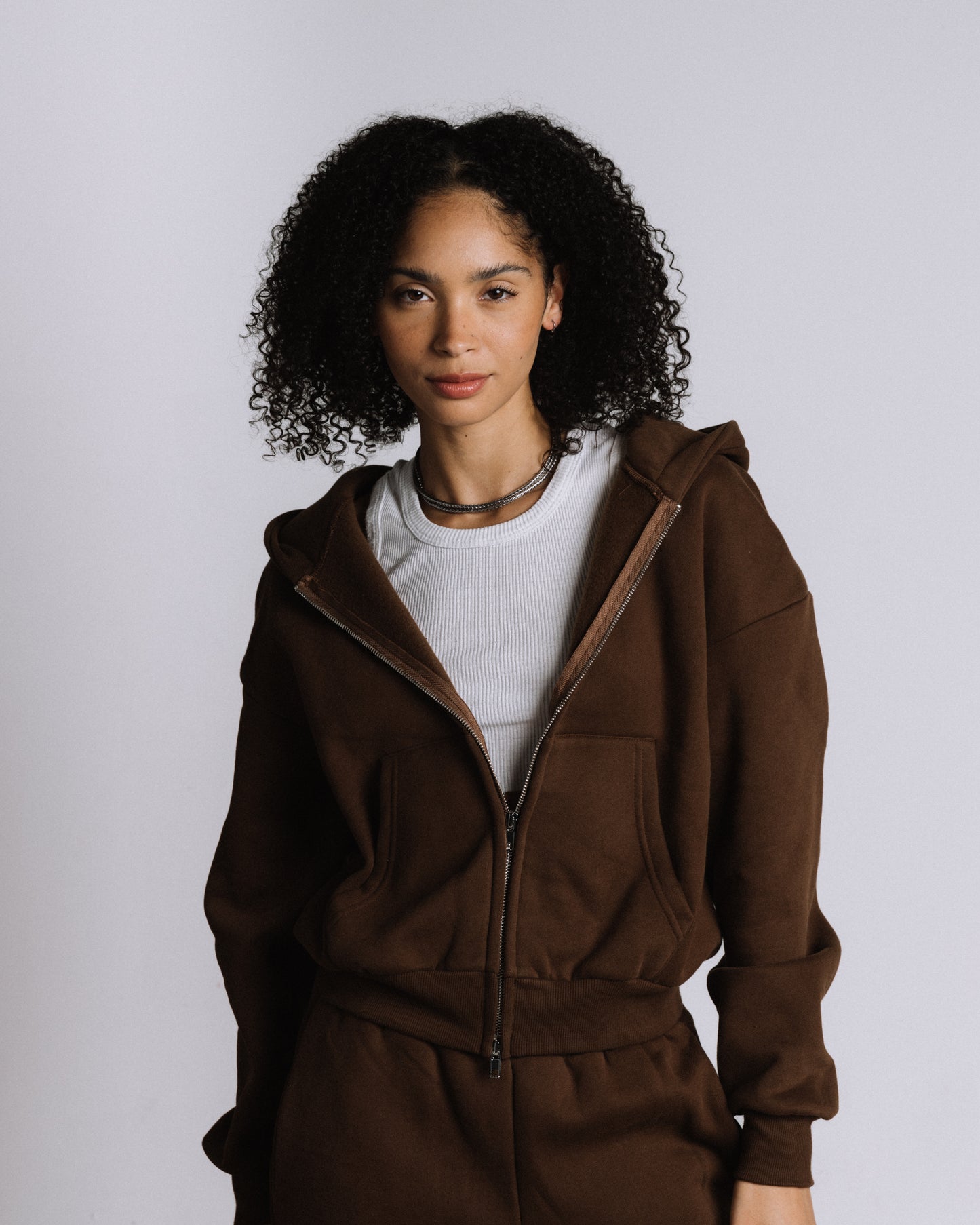 Brown Crop Zip Up Hoodie